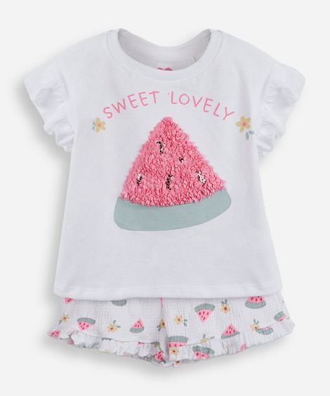 conjunto curto infantil de algodão texturizado off white