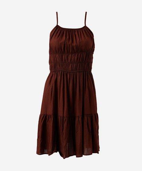 vestido midi juvenil em viscose com alças finas marrom