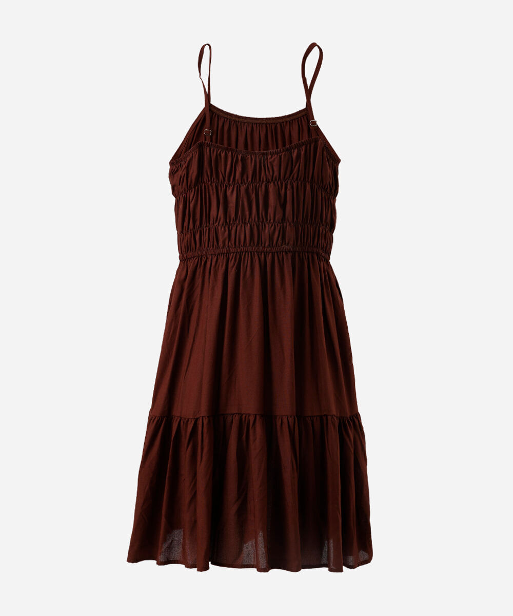 vestido midi juvenil em viscose com alças finas marrom
