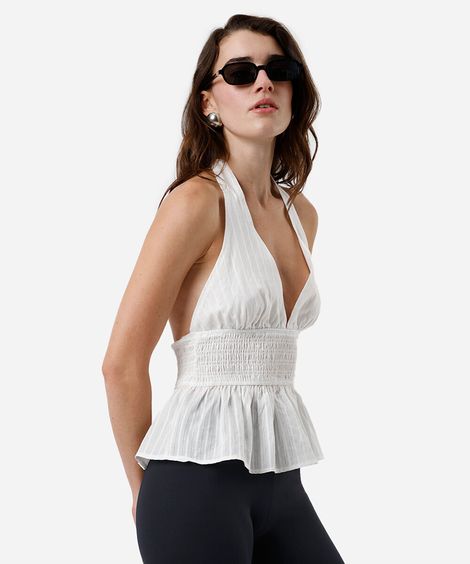 blusa frente única feminina de algodão franzida texturizada off white