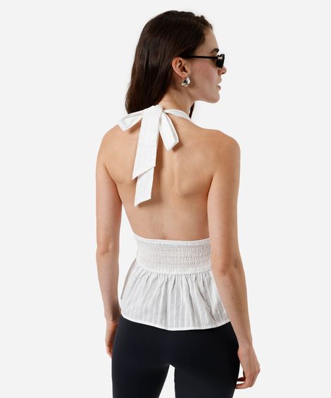 blusa frente única feminina de algodão franzida texturizada off white