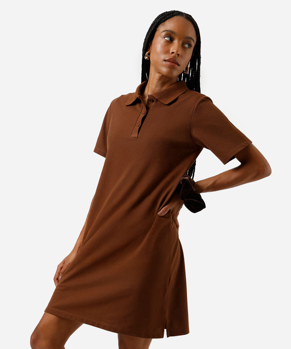 vestido curto polo feminino com algodão básico  marrom