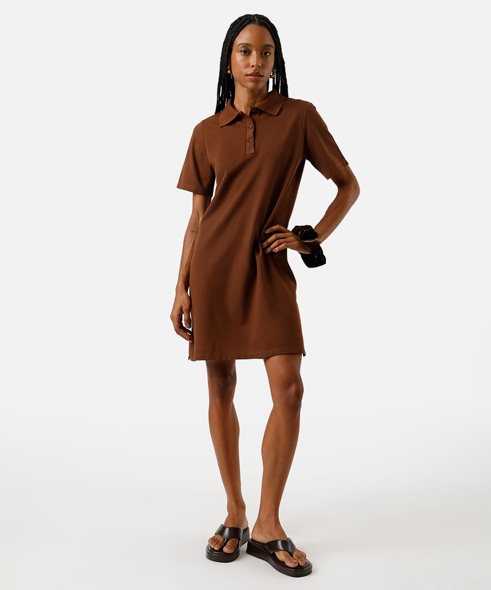 vestido curto polo feminino com algodão básico  marrom