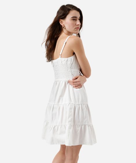 vestido curto alça fina feminino de sarja com recortes off white