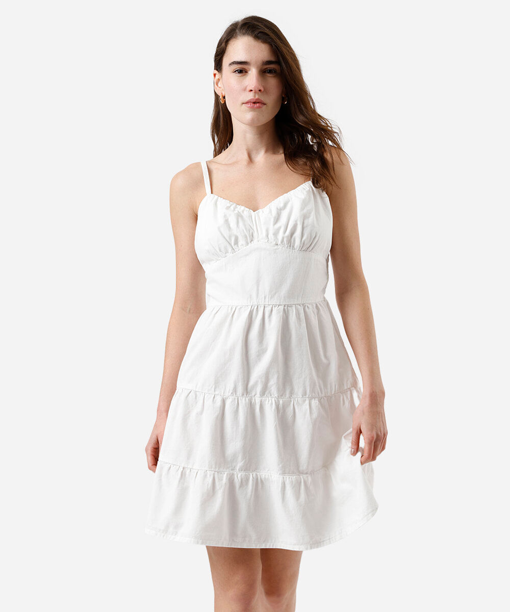 vestido curto alça fina feminino de sarja com recortes off white