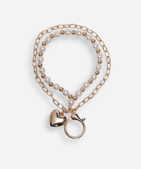chaveiro bag charm com pérolas e coração dourado