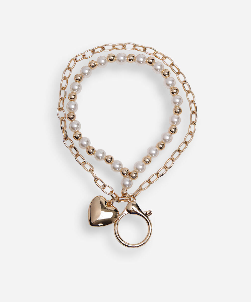 chaveiro bag charm com pérolas e coração dourado