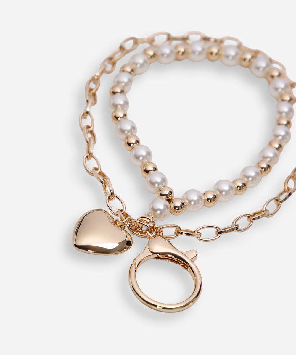 chaveiro bag charm com pérolas e coração dourado