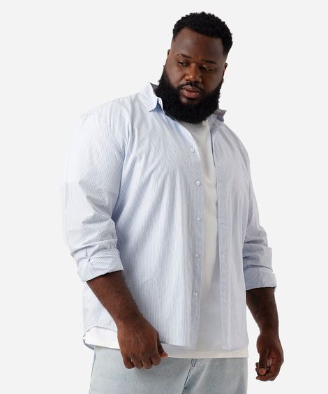 camisa masculina de algodão listrada plus size azul