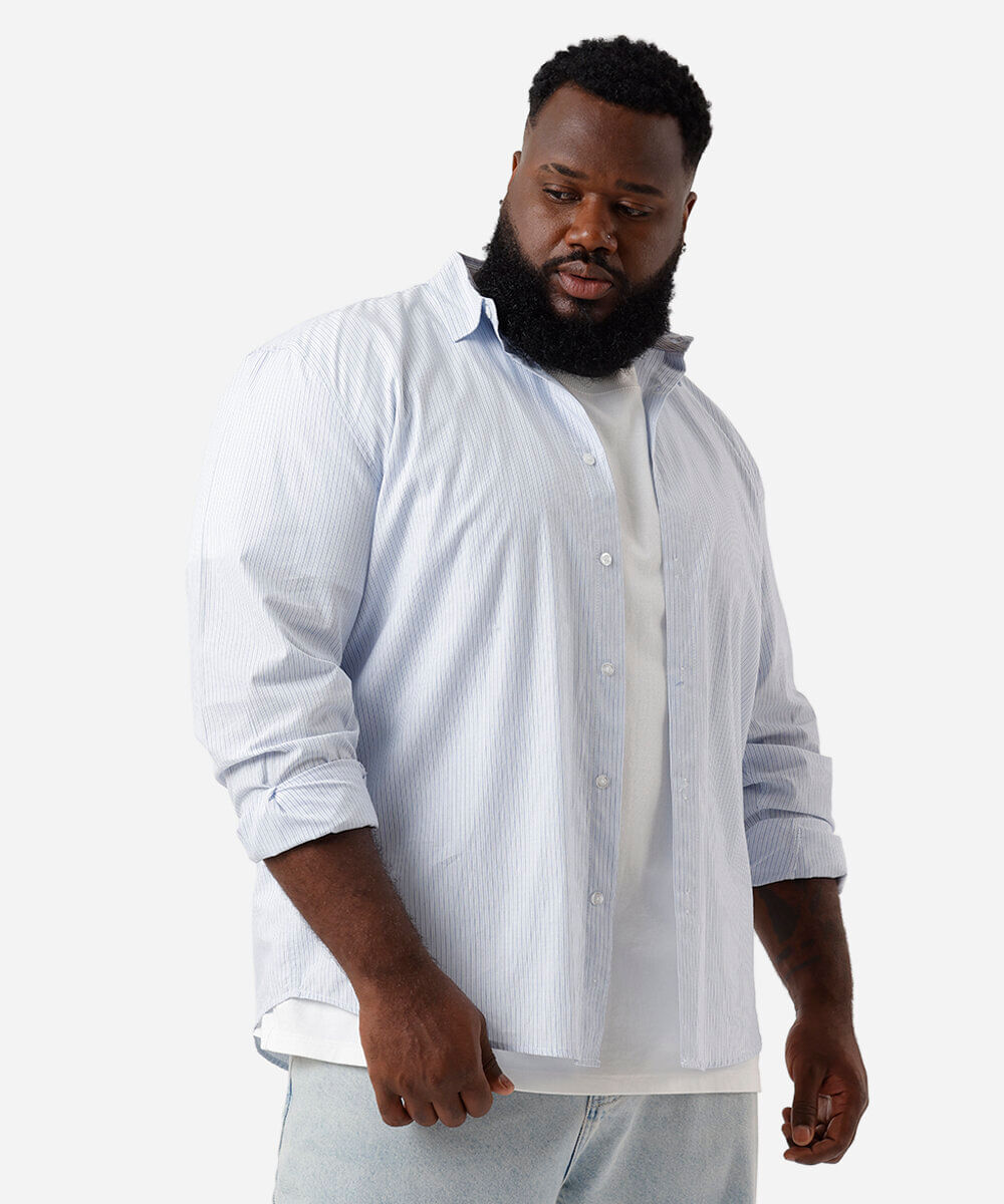 camisa masculina de algodão listrada plus size azul