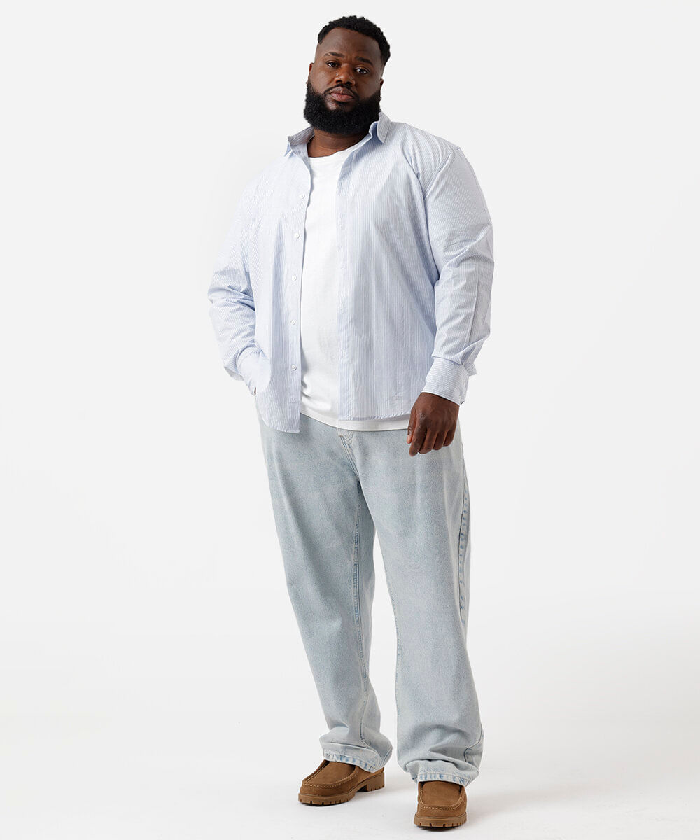camisa masculina de algodão listrada plus size azul