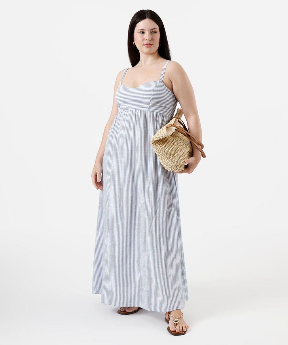 vestido longo feminino de viscose listrado plus size azul