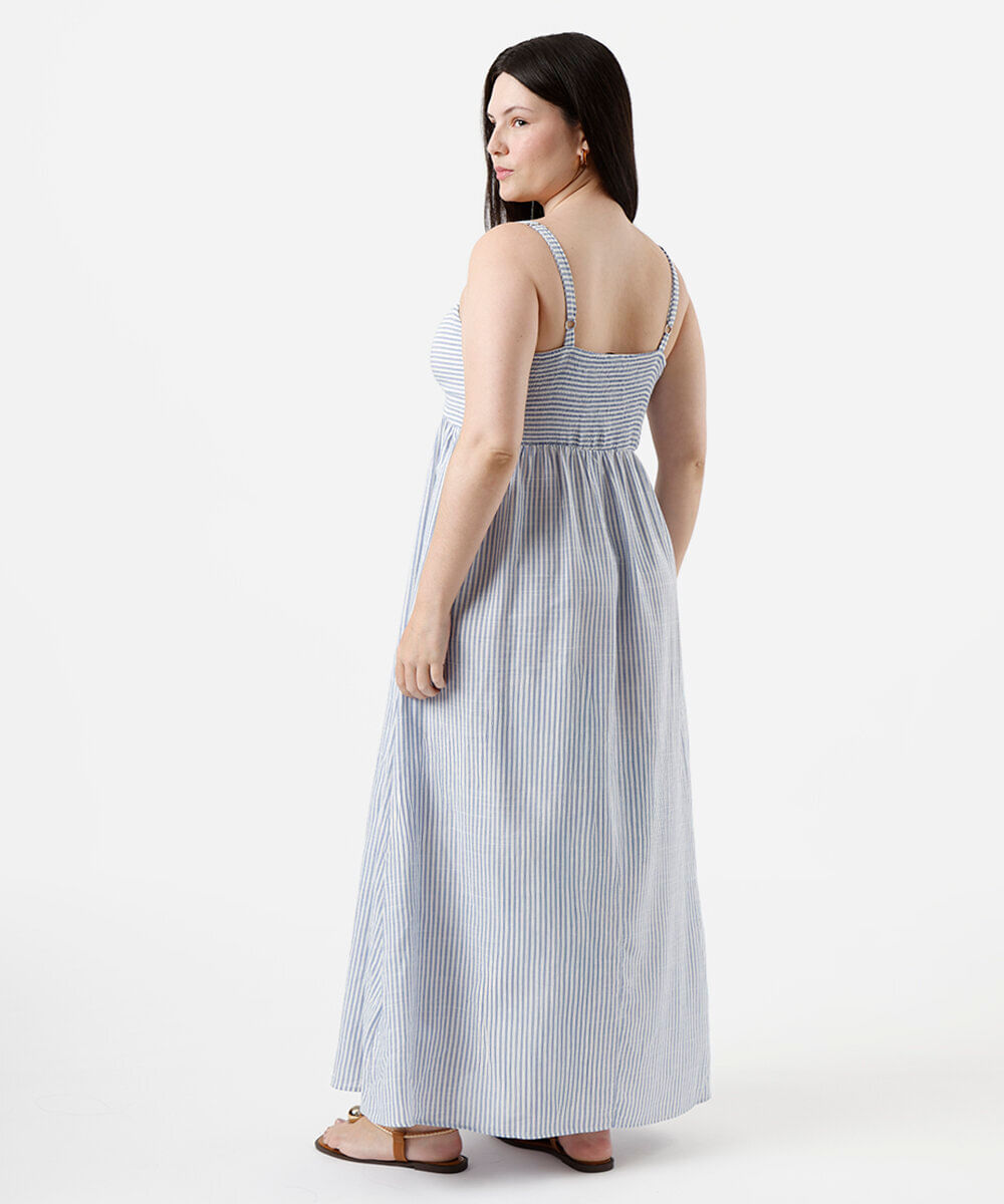 vestido longo feminino de viscose listrado plus size azul