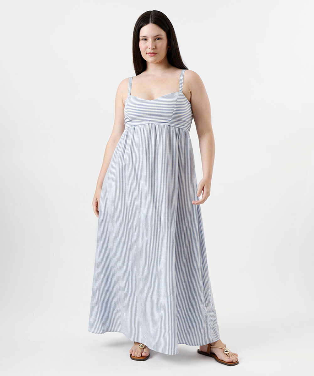 vestido longo feminino de viscose listrado plus size azul