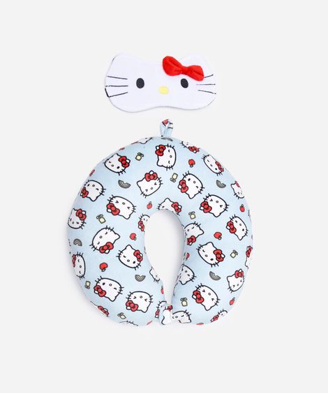 apoio de pescoço infantil e máscara para dormir hello kitty azul