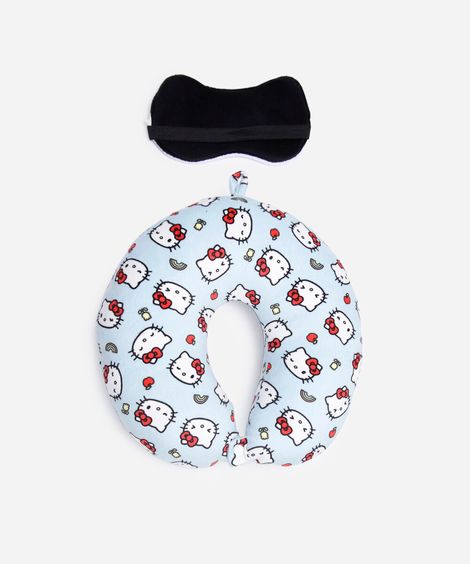 apoio de pescoço infantil e máscara para dormir hello kitty azul