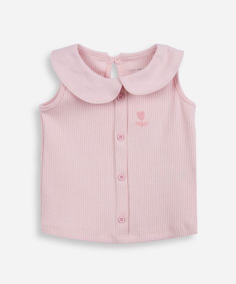 regata infantil de algodão com gola canelada rosa