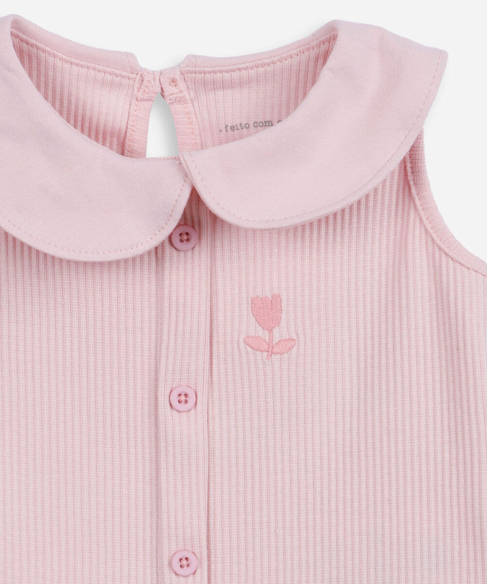 regata infantil de algodão com gola canelada rosa