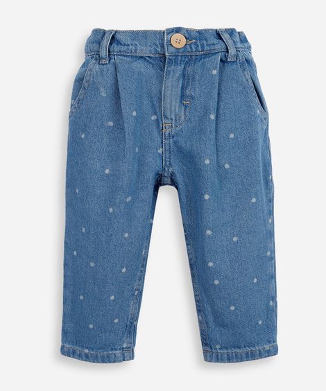 calça infantil jeans com pregas poá azul