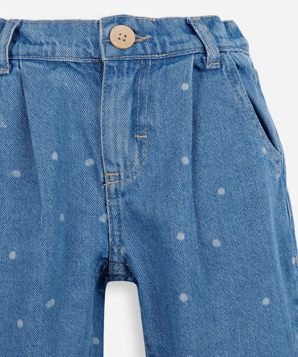 calça infantil jeans com pregas poá azul