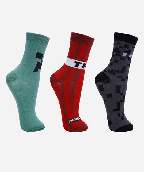 kit de 3 meias cano alto infantil minecraft colorido