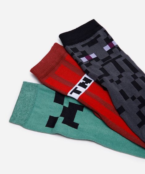kit de 3 meias cano alto infantil minecraft colorido