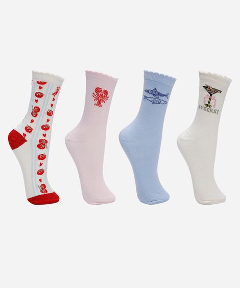 kit de 4 meias cano alto estampadas colorido