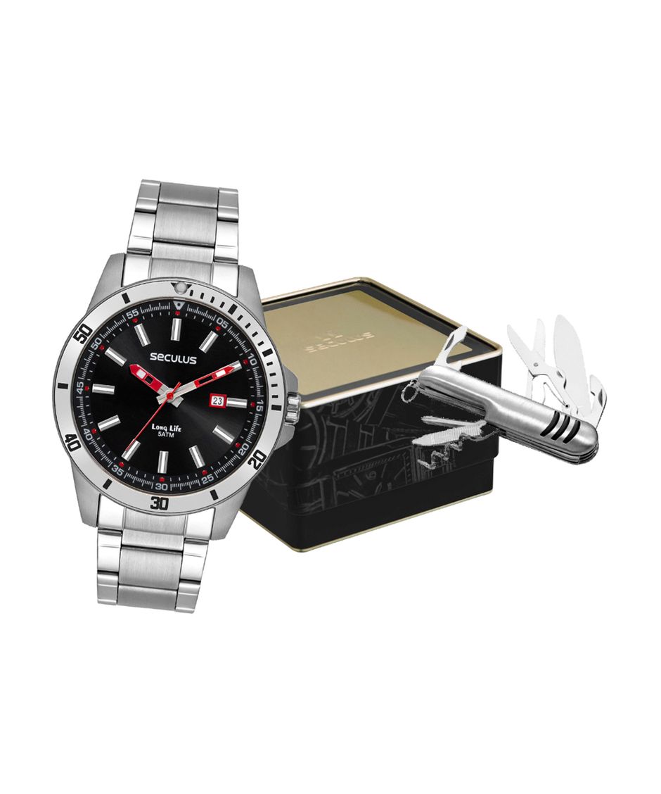 kit relógio masculino seculus analógico calendário 44204g0svna1kc prateado
