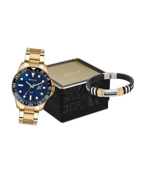 kit relógio masculino seculus analógico calendário 44210gpsvda3kc dourado