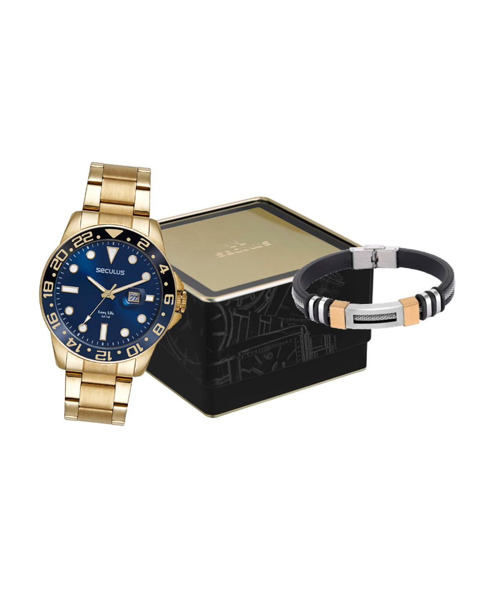 kit relógio masculino seculus analógico calendário 44210gpsvda3kc dourado