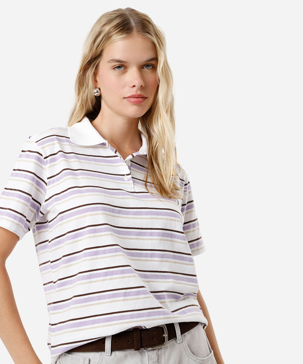 polo feminina com algodão listrada off white