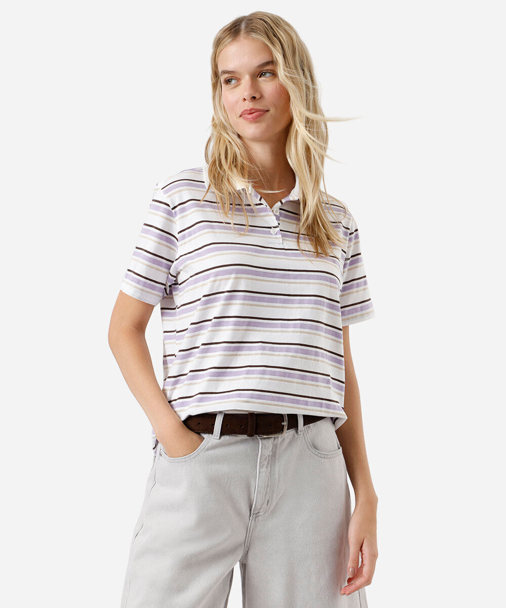 polo feminina com algodão listrada off white