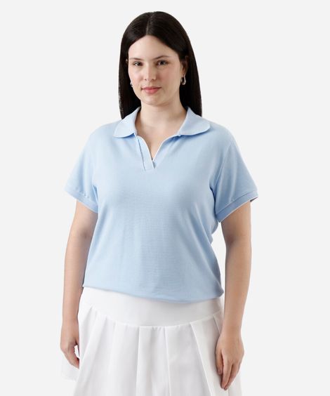 polo feminina canelada manga curta plus size azul