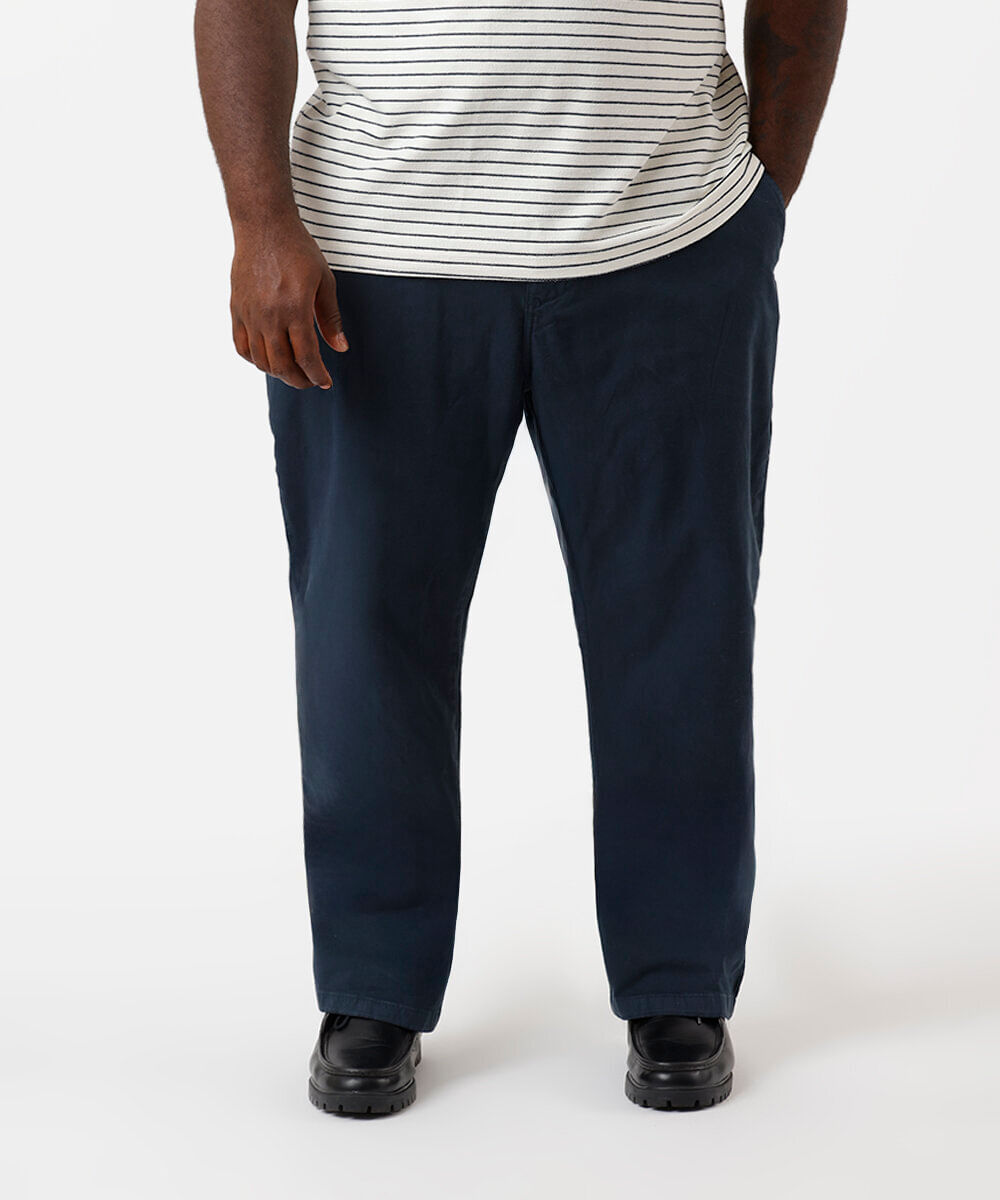 calça reta masculina de sarja cós elástico plus size azul