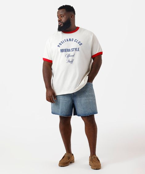 short reto masculino jeans com barra a fio azul