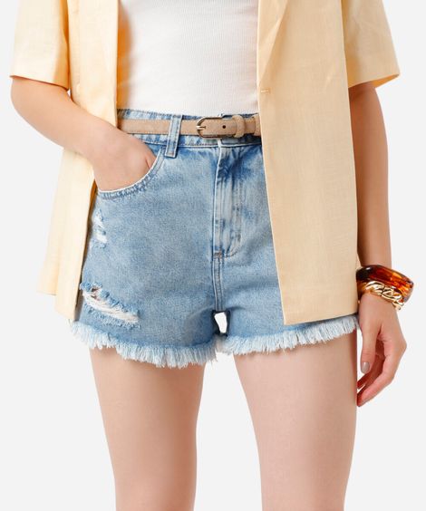short feminino jeans destroyed azul