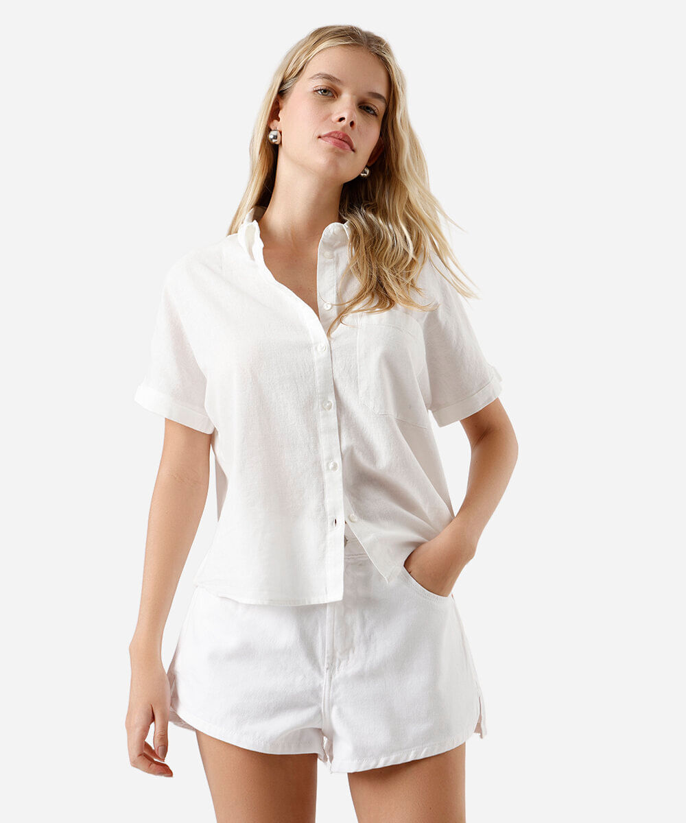 camisa de algodão manga curta com bolso off white