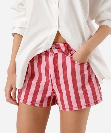 short feminino de sarja listrado rosa