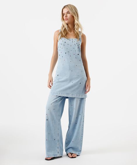 calça oversized feminina jeans com brilhos azul