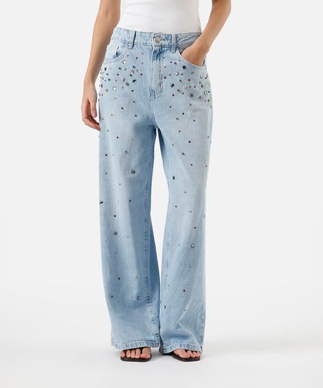 calça oversized feminina jeans com brilhos azul
