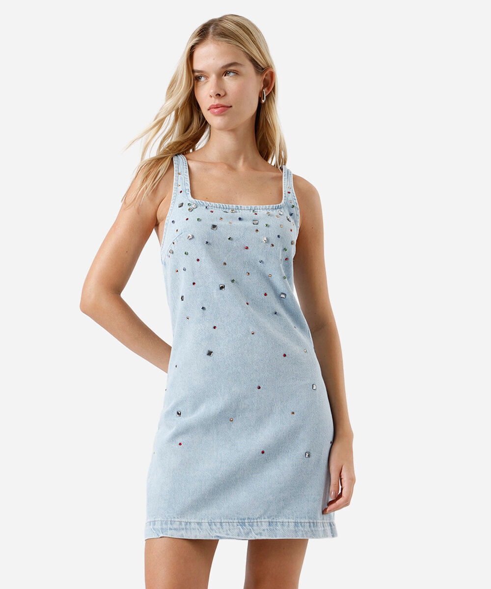vestido curto feminino jeans com brilhos azul