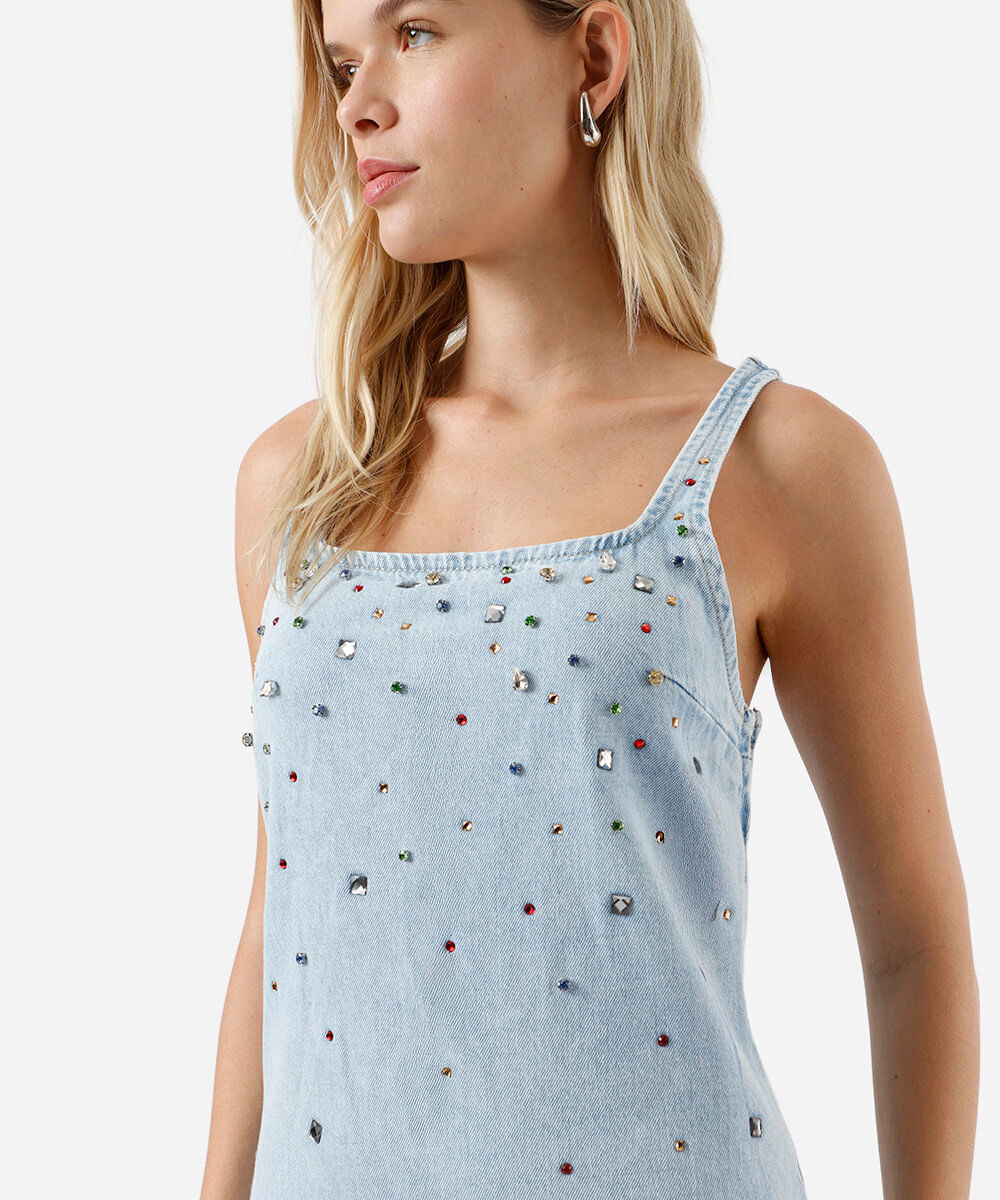 vestido curto feminino jeans com brilhos azul