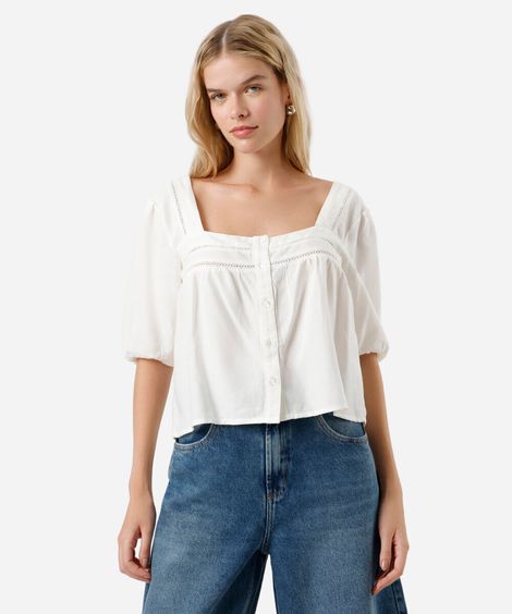 blusa com linho decote quadrado manga bufante off white