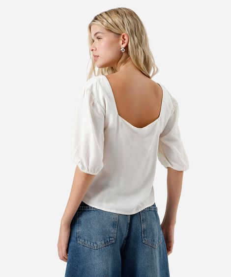 blusa com linho decote quadrado manga bufante off white