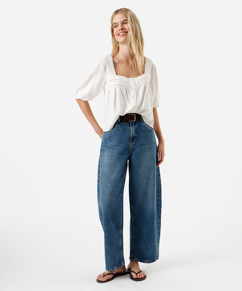 blusa com linho decote quadrado manga bufante off white