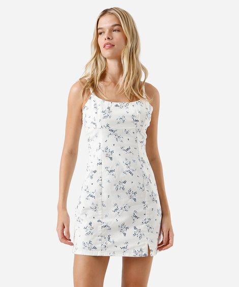 vestido curto alça fina de sarja com fenda floral off white