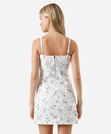 vestido curto alça fina de sarja com fenda floral off white