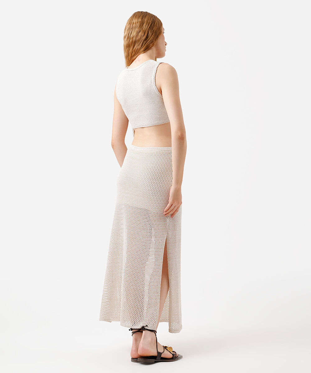 vestido midi feminino de tricot com recorte e fendas bege