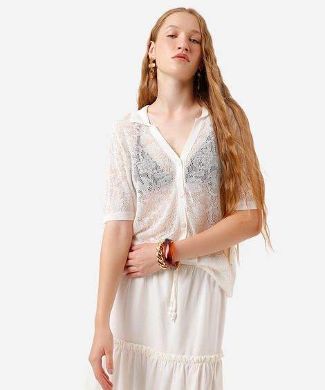 camisa feminina de tricot manga curta off white