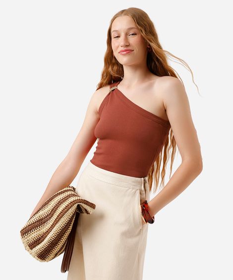 blusa ombro único feminina de algodão com fivela canelada laranja